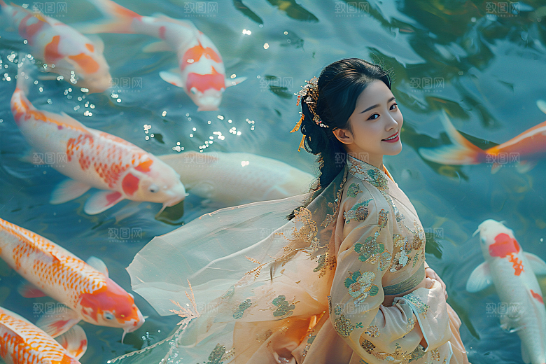 锦鲤汉服美女肖像金鱼素材
