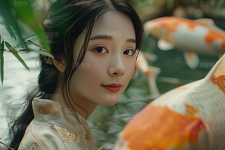 锦鲤汉服美女吉祥传统素材