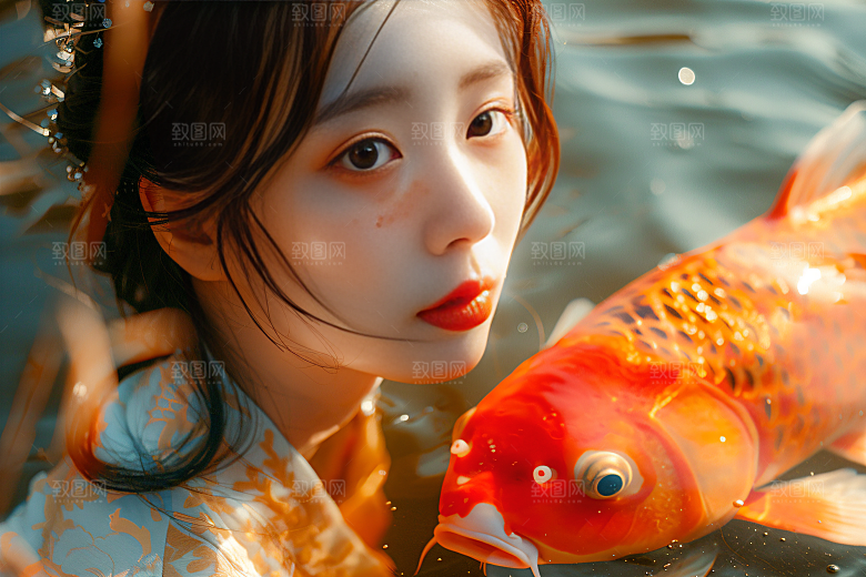 锦鲤汉服美女高清金鱼素材