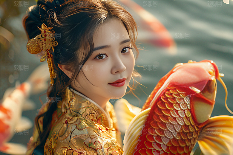 锦鲤汉服美女中国风古风素材