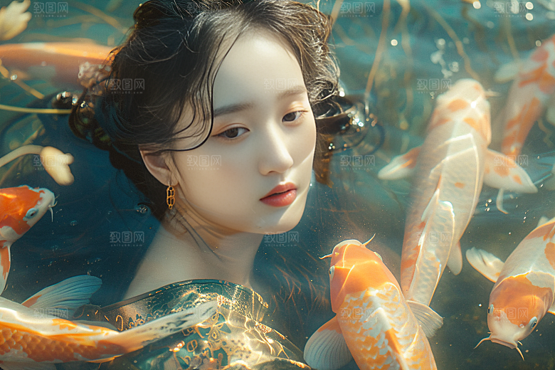 锦鲤汉服美女肖像金鱼素材