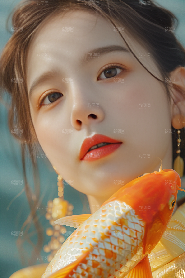 锦鲤汉服美女唯美中国风素材