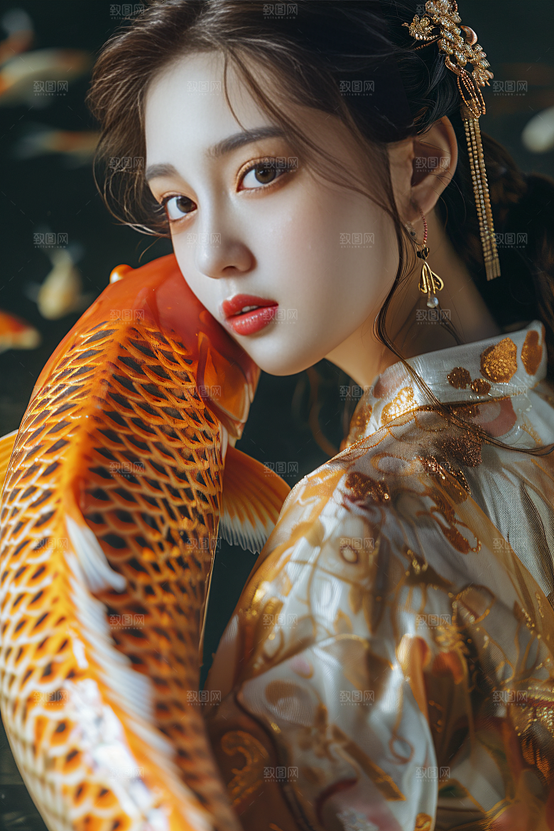 锦鲤汉服美女传统吉祥素材