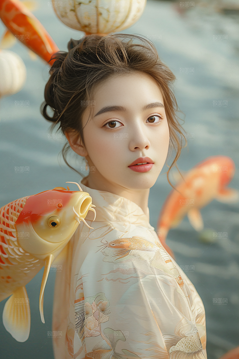 锦鲤汉服美女唯美吉祥素材