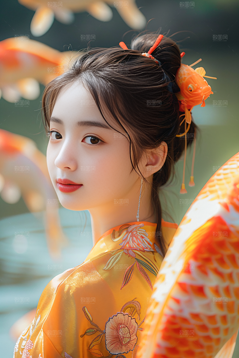 锦鲤汉服美女精致古风素材