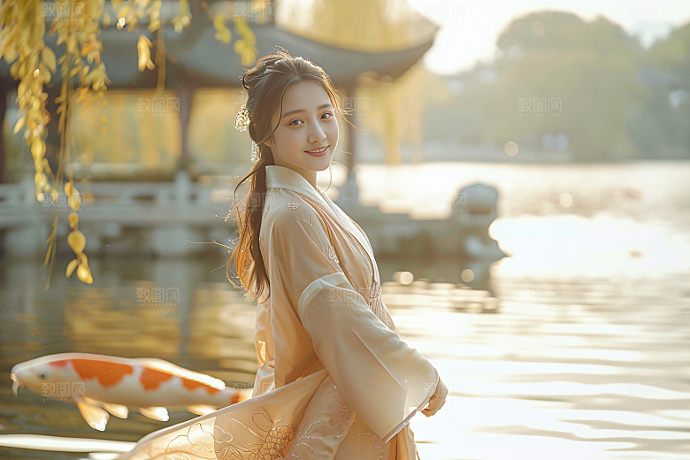 锦鲤汉服美女优雅唯美素材