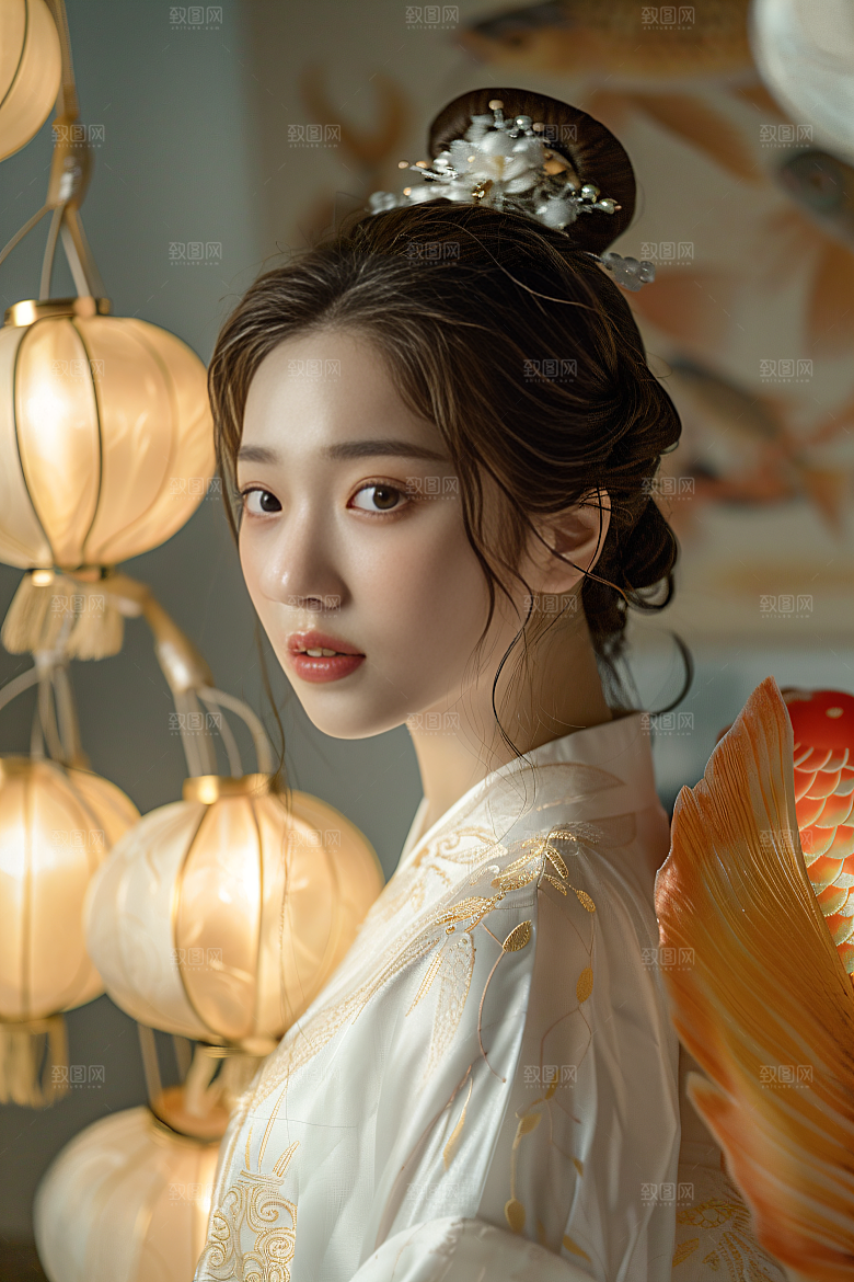 锦鲤汉服美女吉祥古风素材