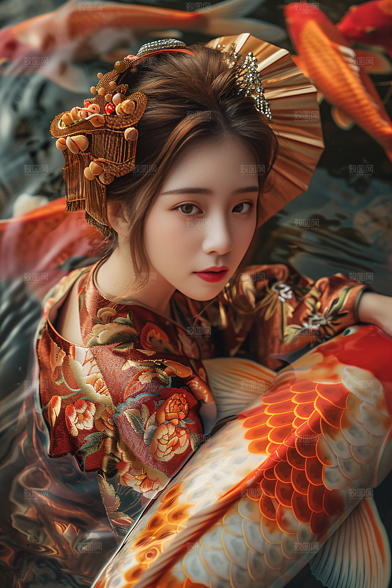 锦鲤汉服美女中国风吉祥素材