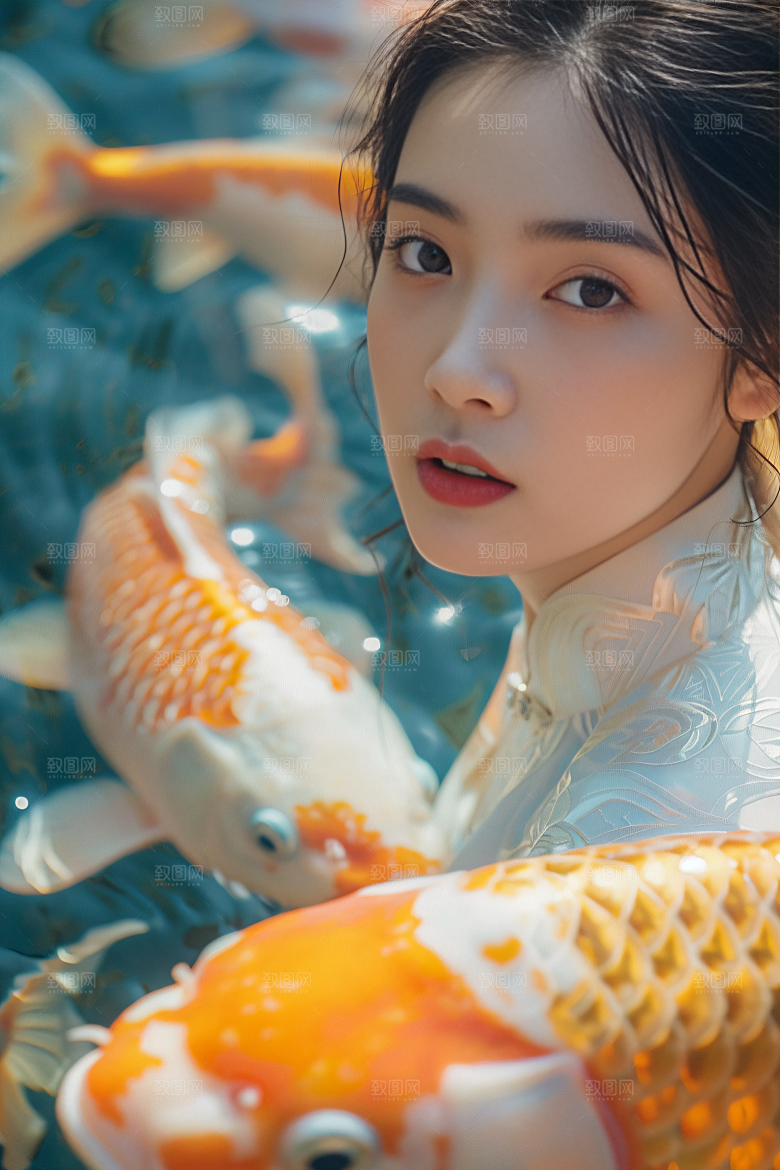 锦鲤汉服美女精致中国风素材