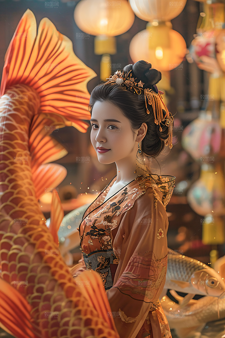 锦鲤汉服美女金鱼吉祥素材