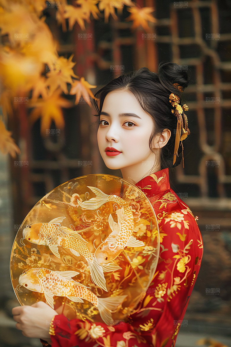 锦鲤汉服美女金鱼古风素材