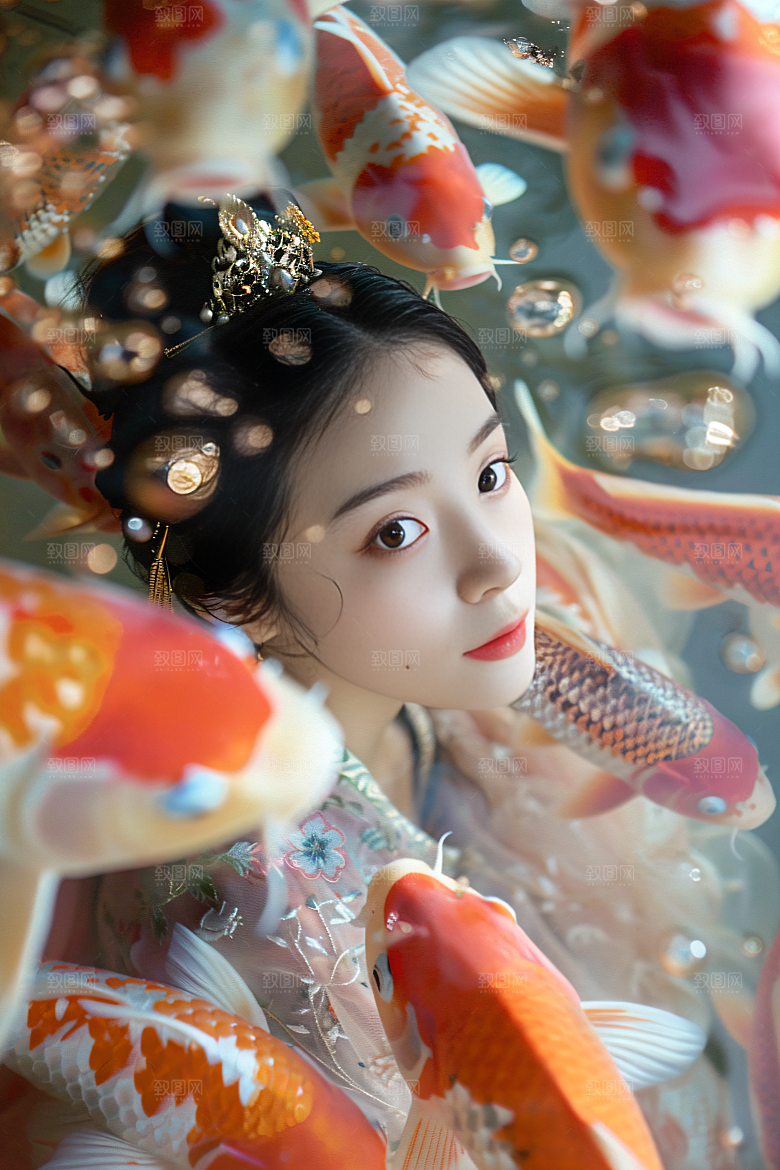 锦鲤汉服美女中国风古风素材