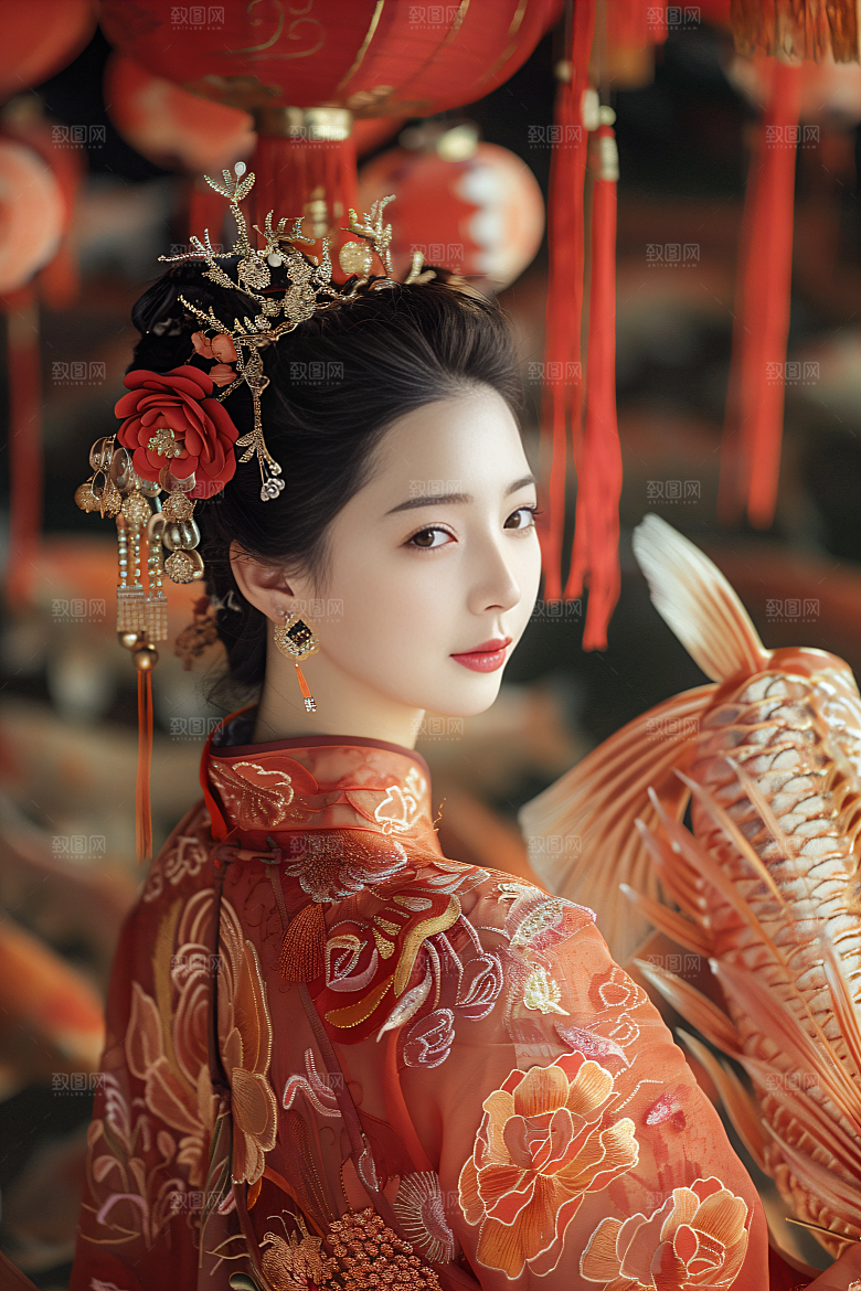 锦鲤汉服美女古风中国风素材