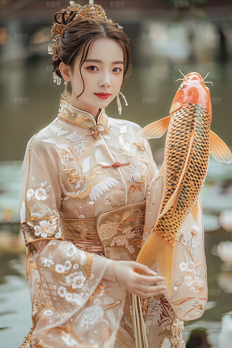 锦鲤汉服美女古风传统素材