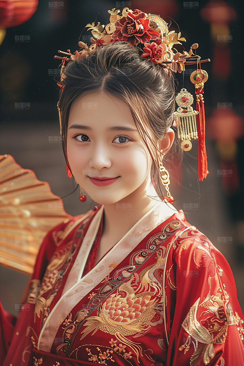 锦鲤汉服美女高清唯美素材