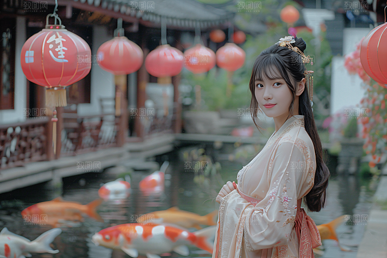 锦鲤汉服美女金鱼精致素材