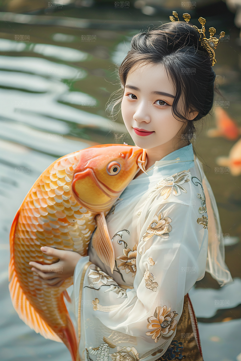 锦鲤汉服美女吉祥优雅素材