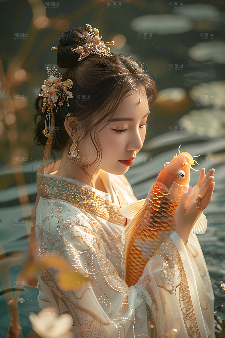 锦鲤汉服美女人像中国风素材
