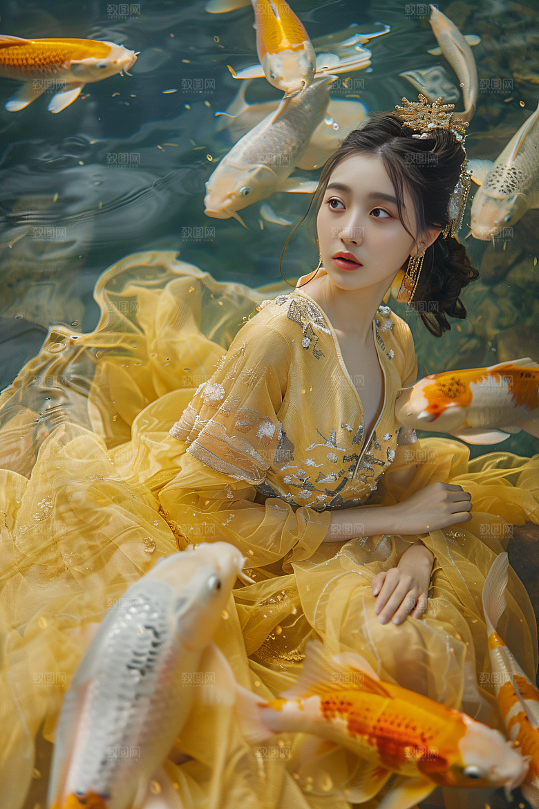 锦鲤汉服美女传统中国风素材