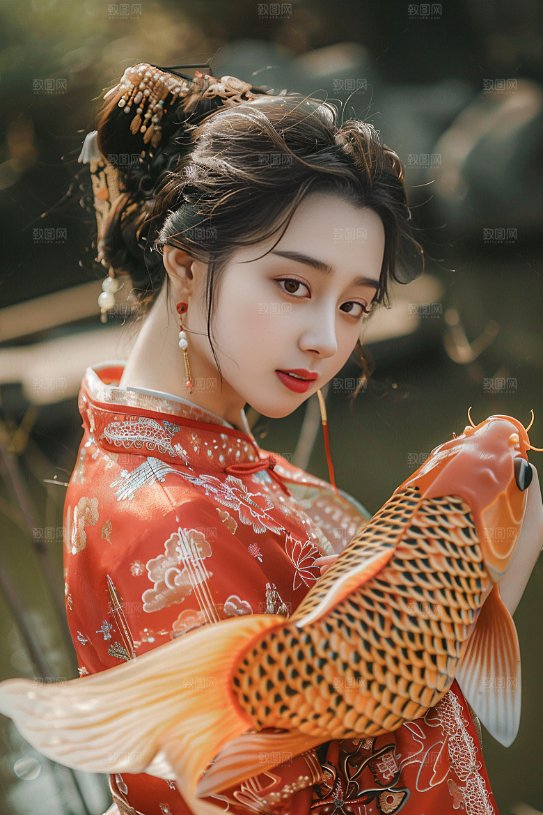 锦鲤汉服美女唯美精致素材