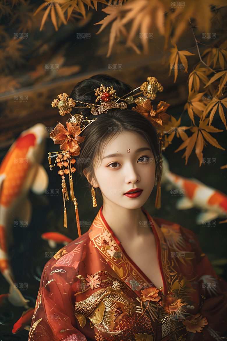 锦鲤汉服美女中国风古风素材