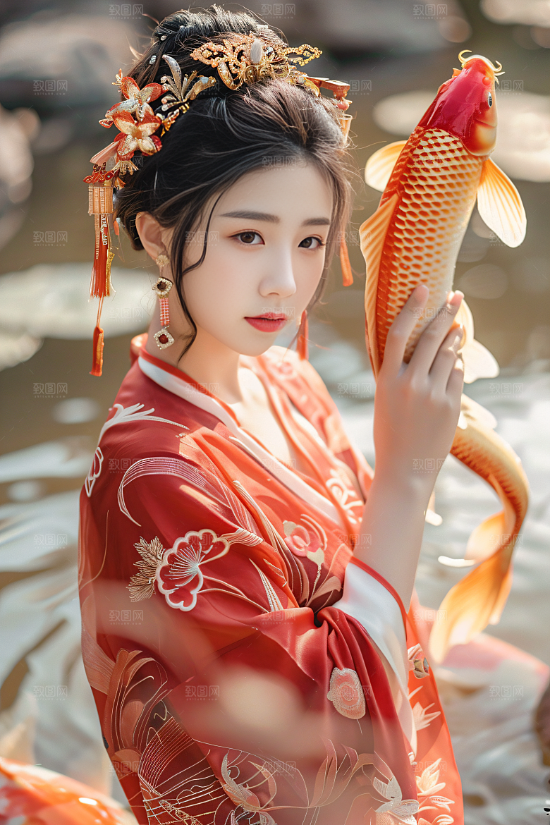 锦鲤汉服美女唯美古风素材