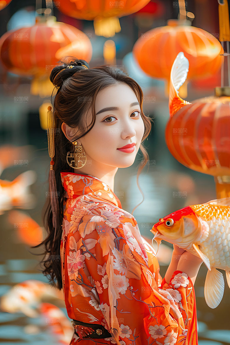 锦鲤汉服美女高清优雅素材