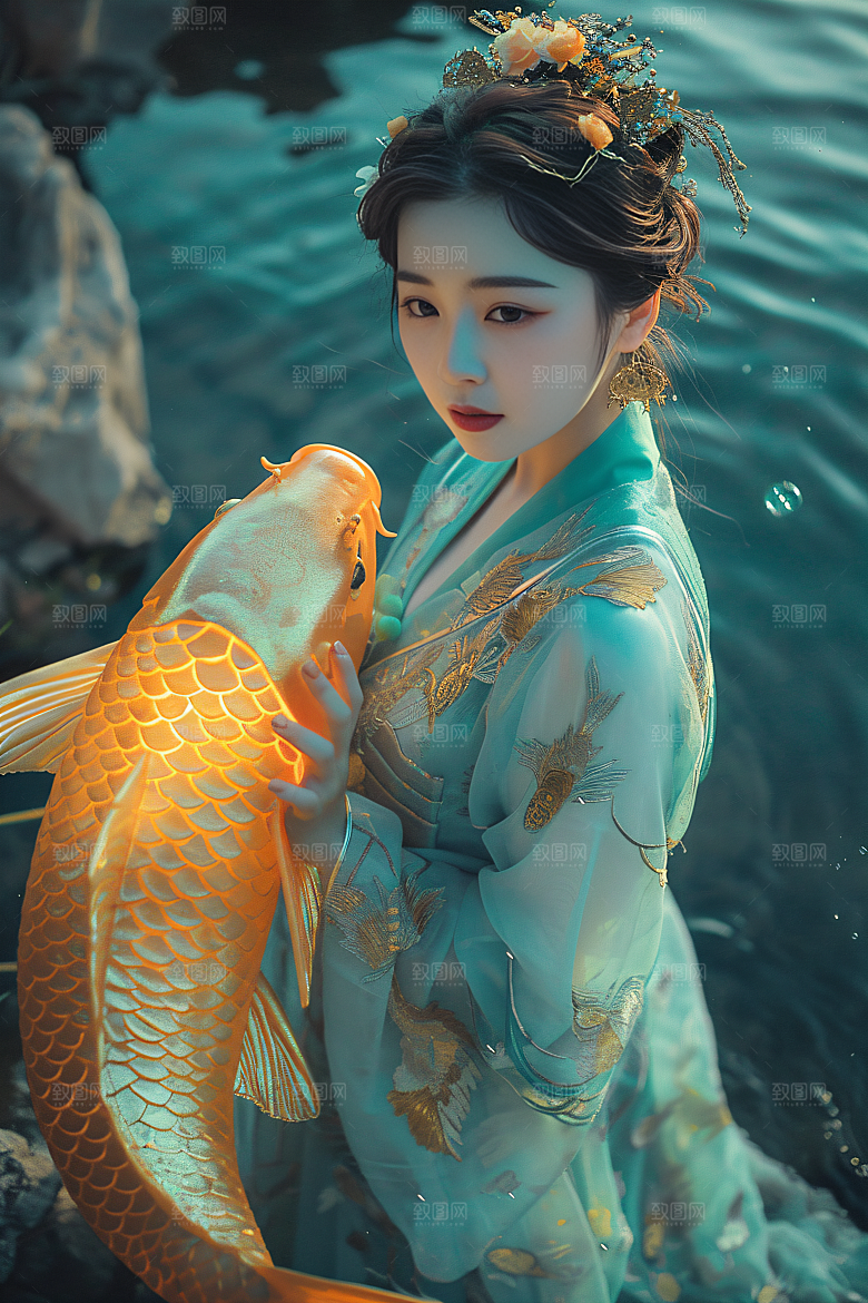 锦鲤汉服美女金鱼人像素材