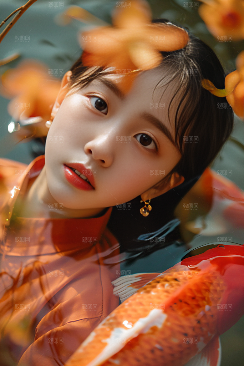 锦鲤汉服美女唯美优雅素材