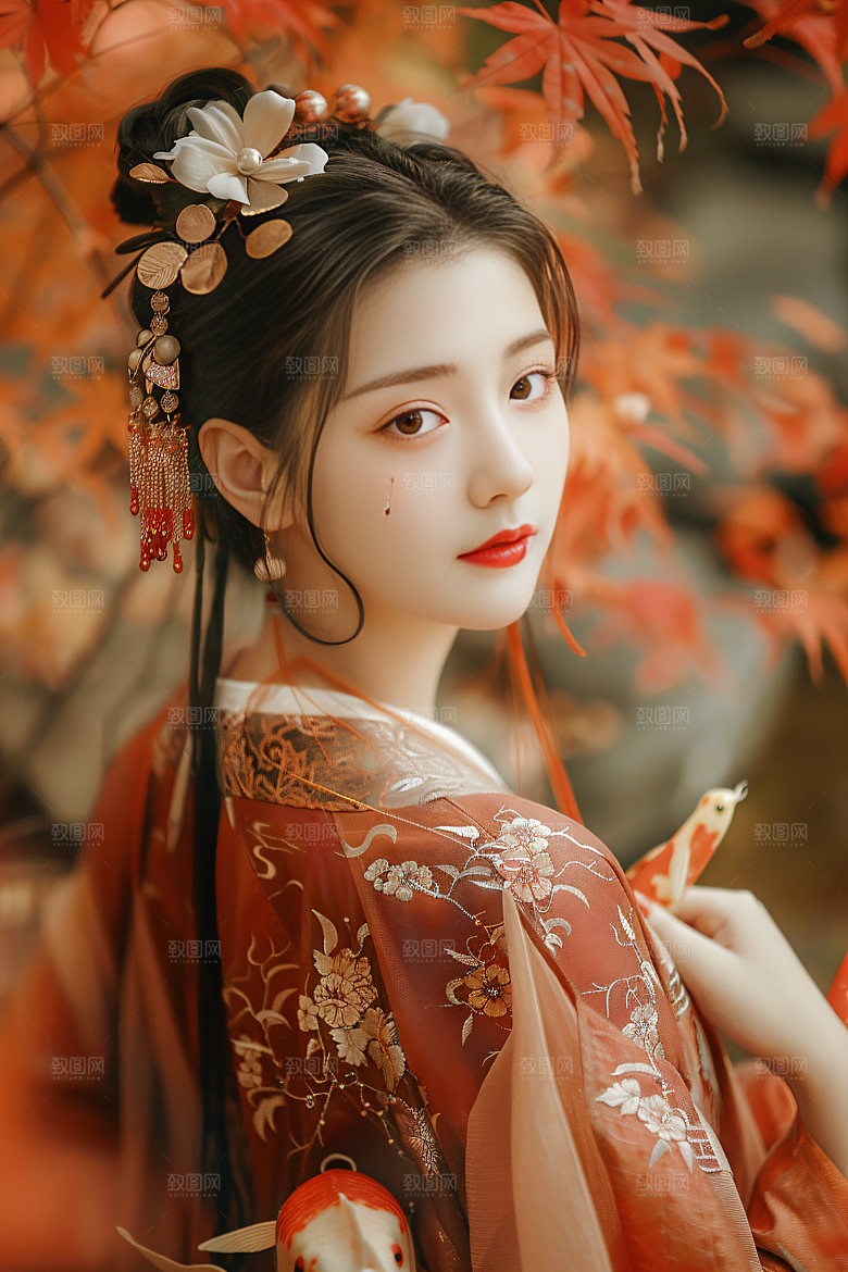 锦鲤汉服美女高清传统素材