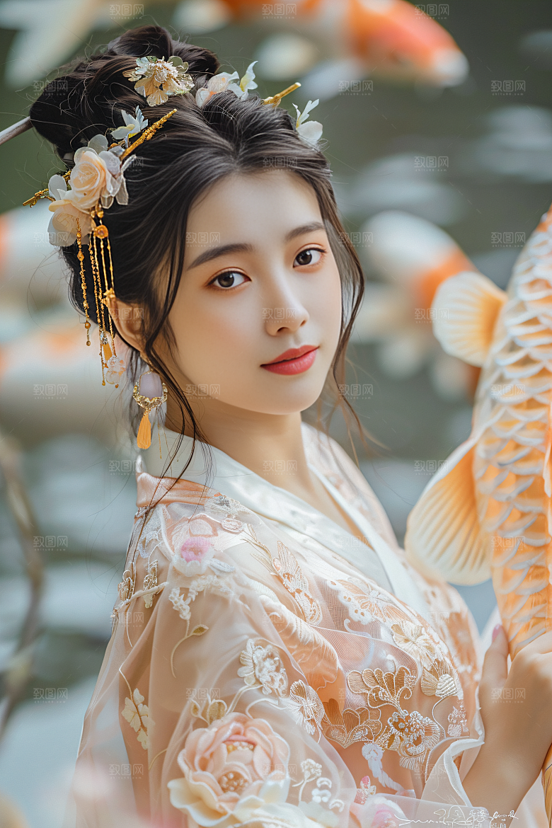 锦鲤汉服美女古风中国风素材