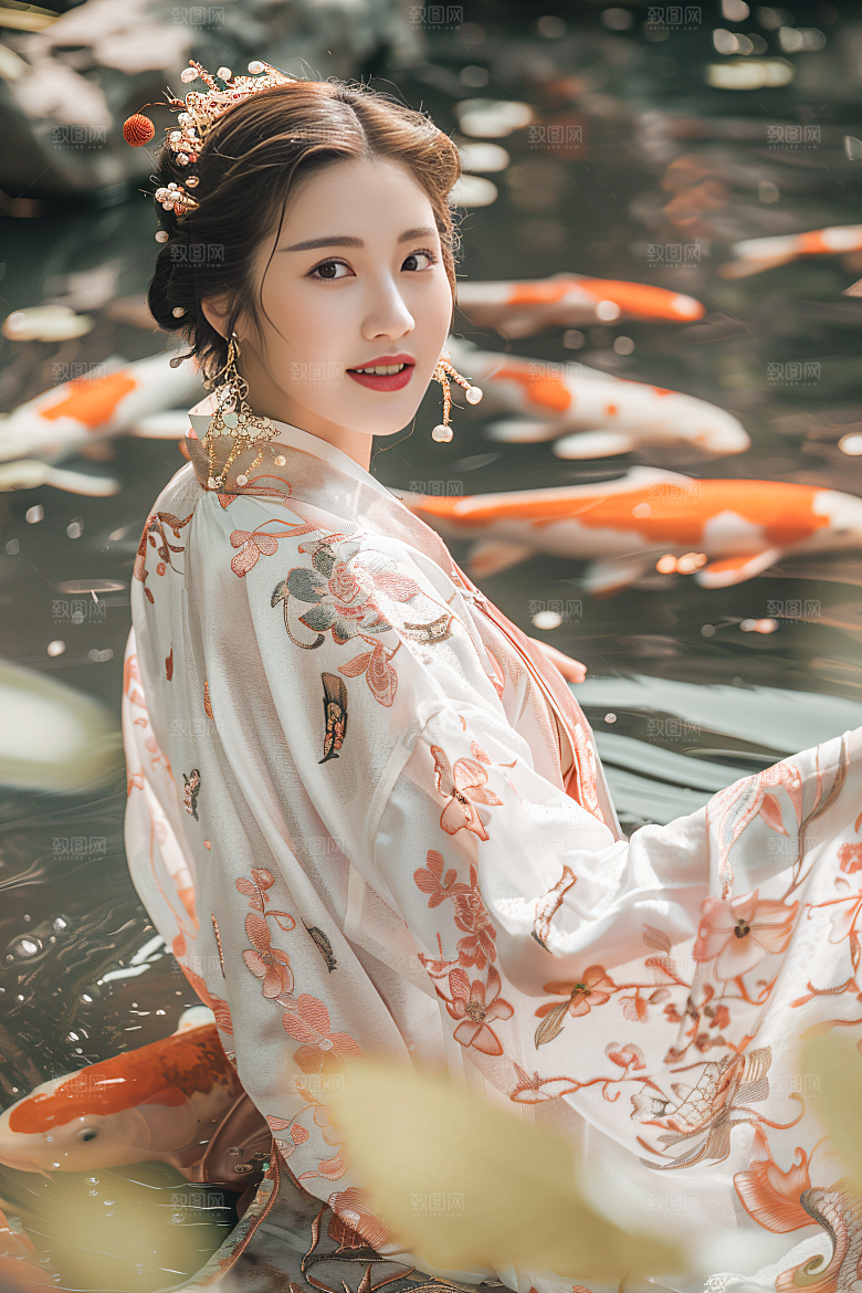 锦鲤汉服美女优雅唯美素材