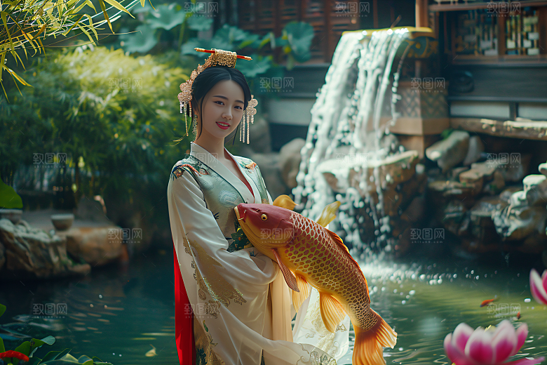 锦鲤汉服美女吉祥古风素材