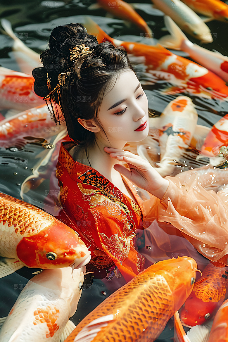 锦鲤汉服美女金鱼古风素材