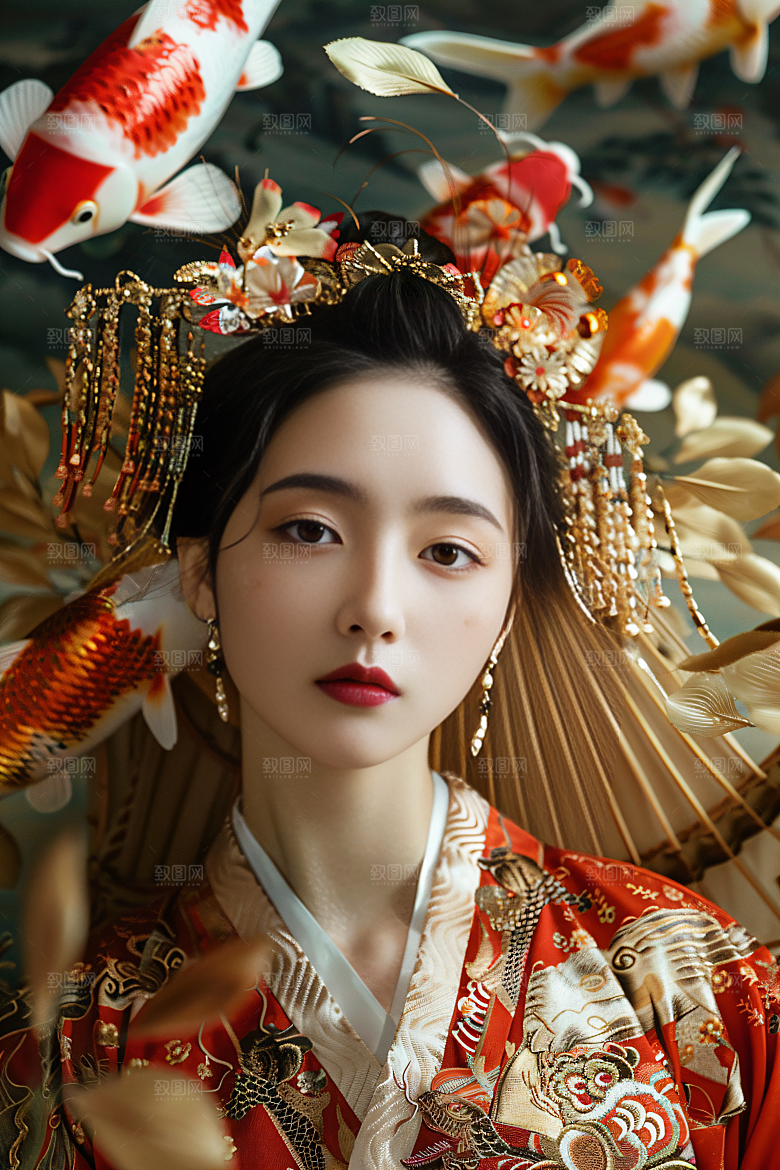 锦鲤汉服美女中国风唯美素材