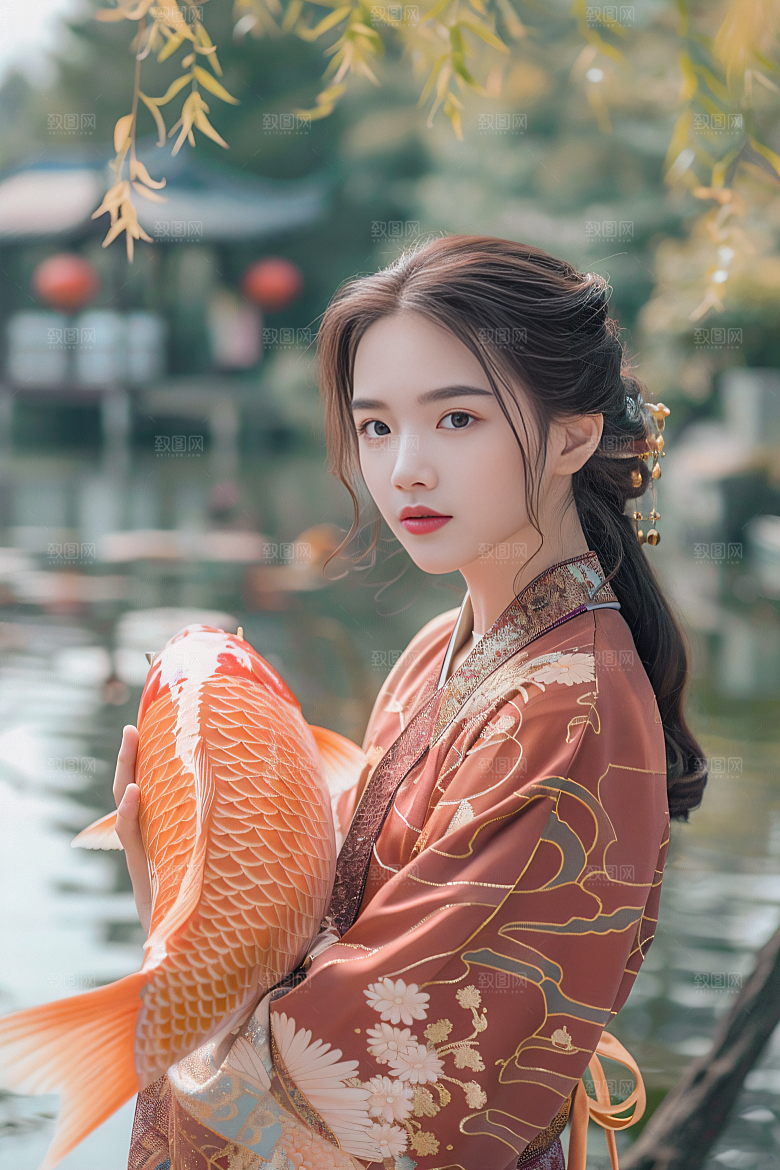 锦鲤汉服美女传统唯美素材