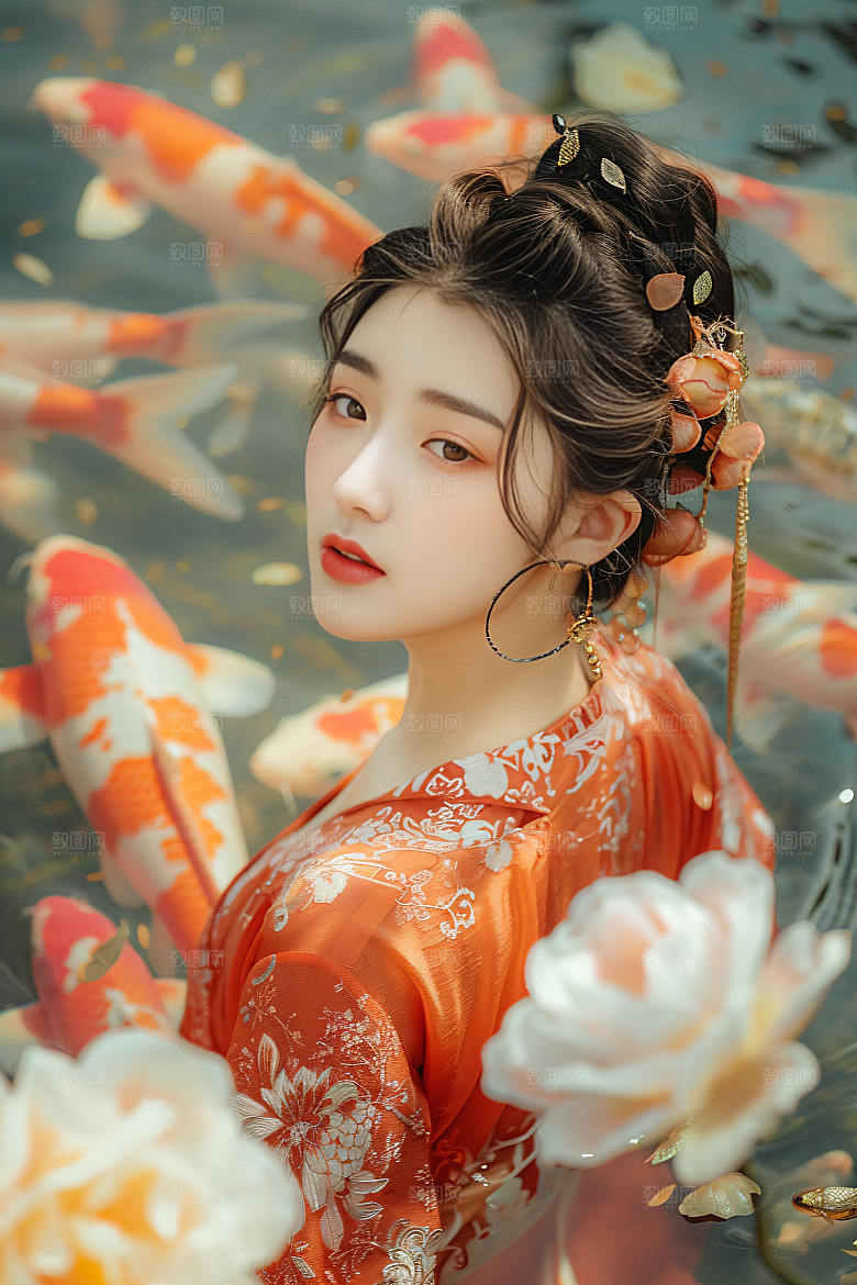 锦鲤汉服美女中国风古风素材