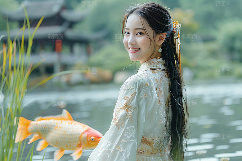 锦鲤汉服美女传统精致素材