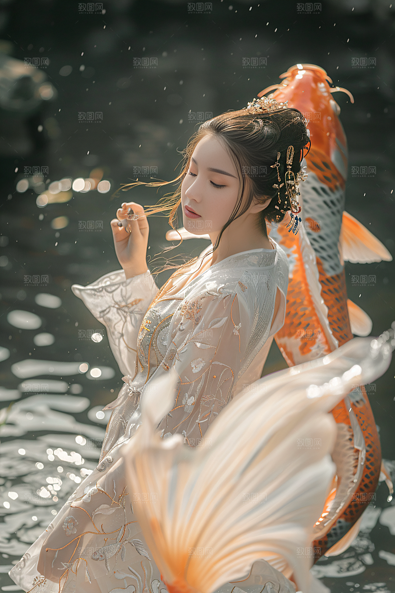 锦鲤汉服美女中国风金鱼素材