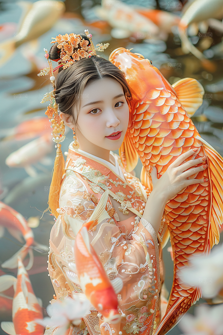 锦鲤汉服美女优雅古风素材