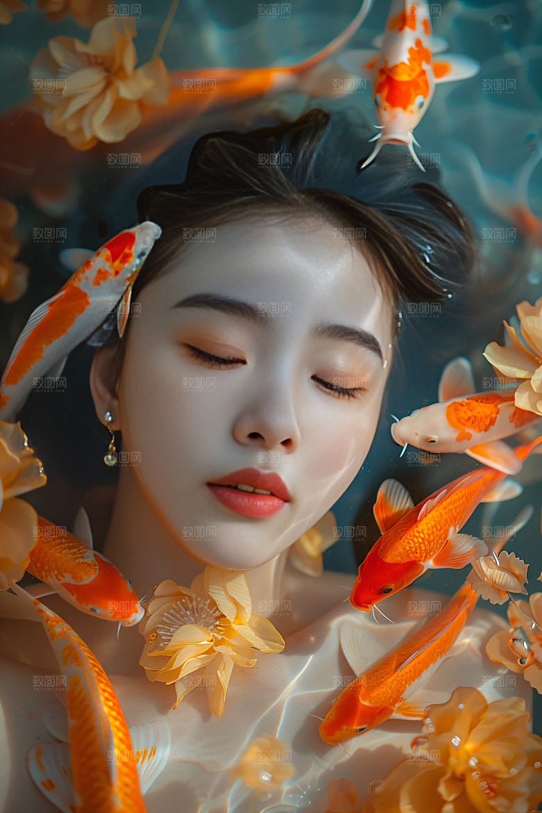 锦鲤汉服美女精致肖像素材