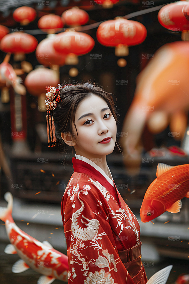 锦鲤汉服美女古风吉祥素材