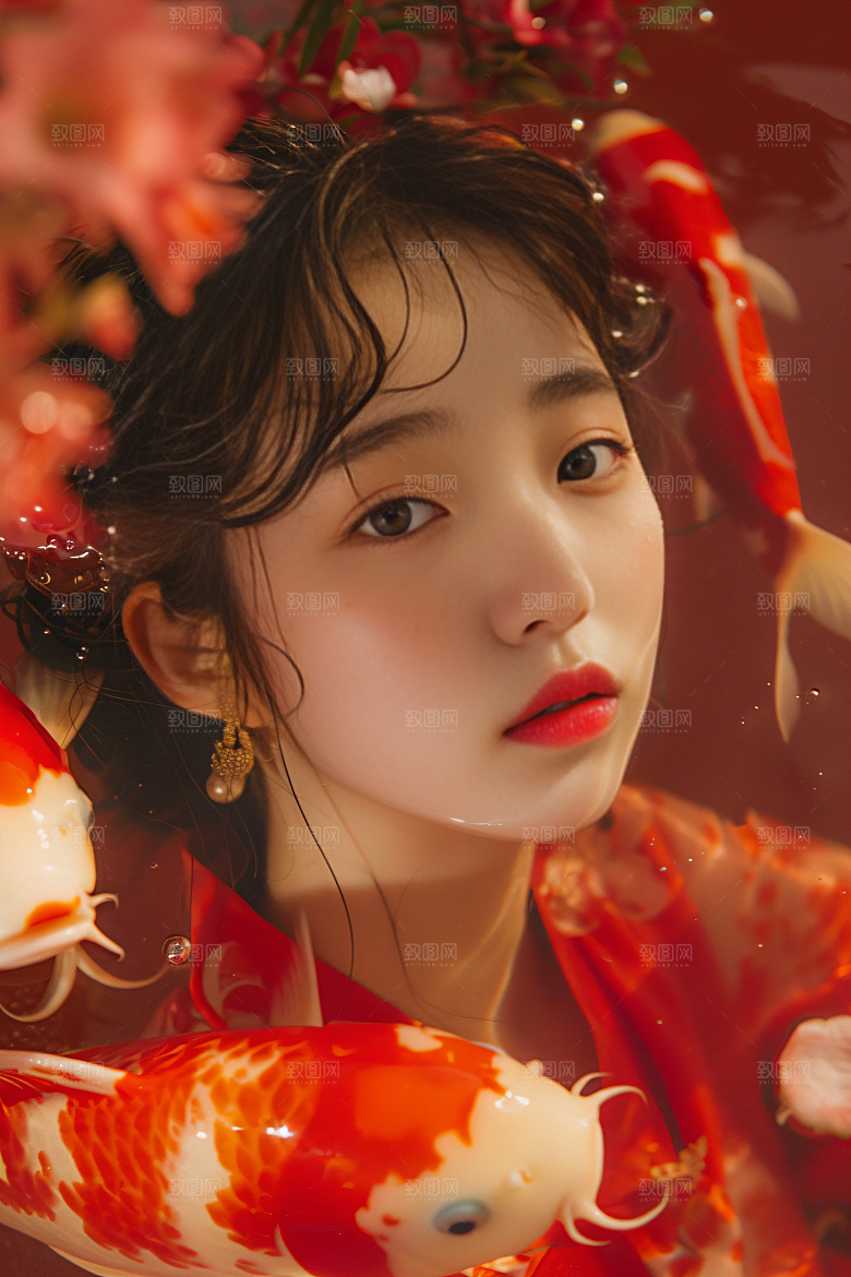 锦鲤汉服美女精致中国风素材