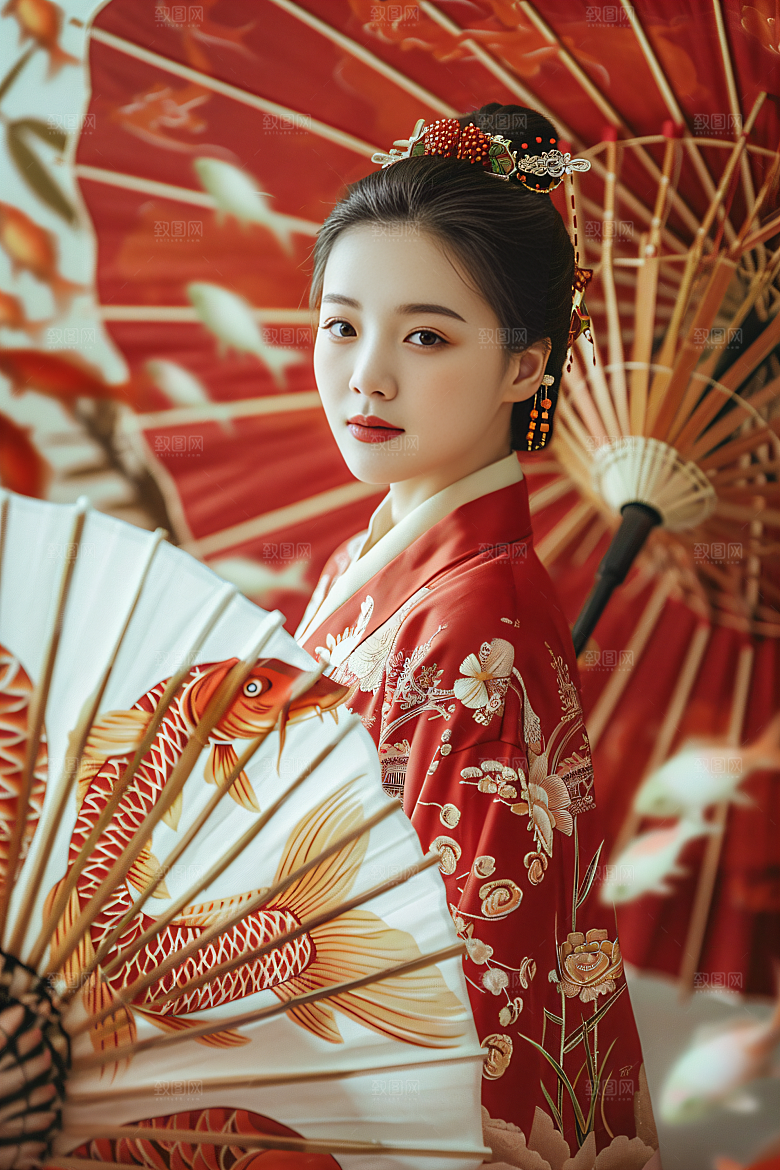 锦鲤汉服美女优雅中国风素材