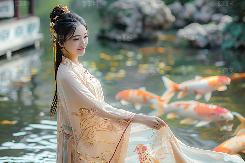 锦鲤汉服美女人像传统素材