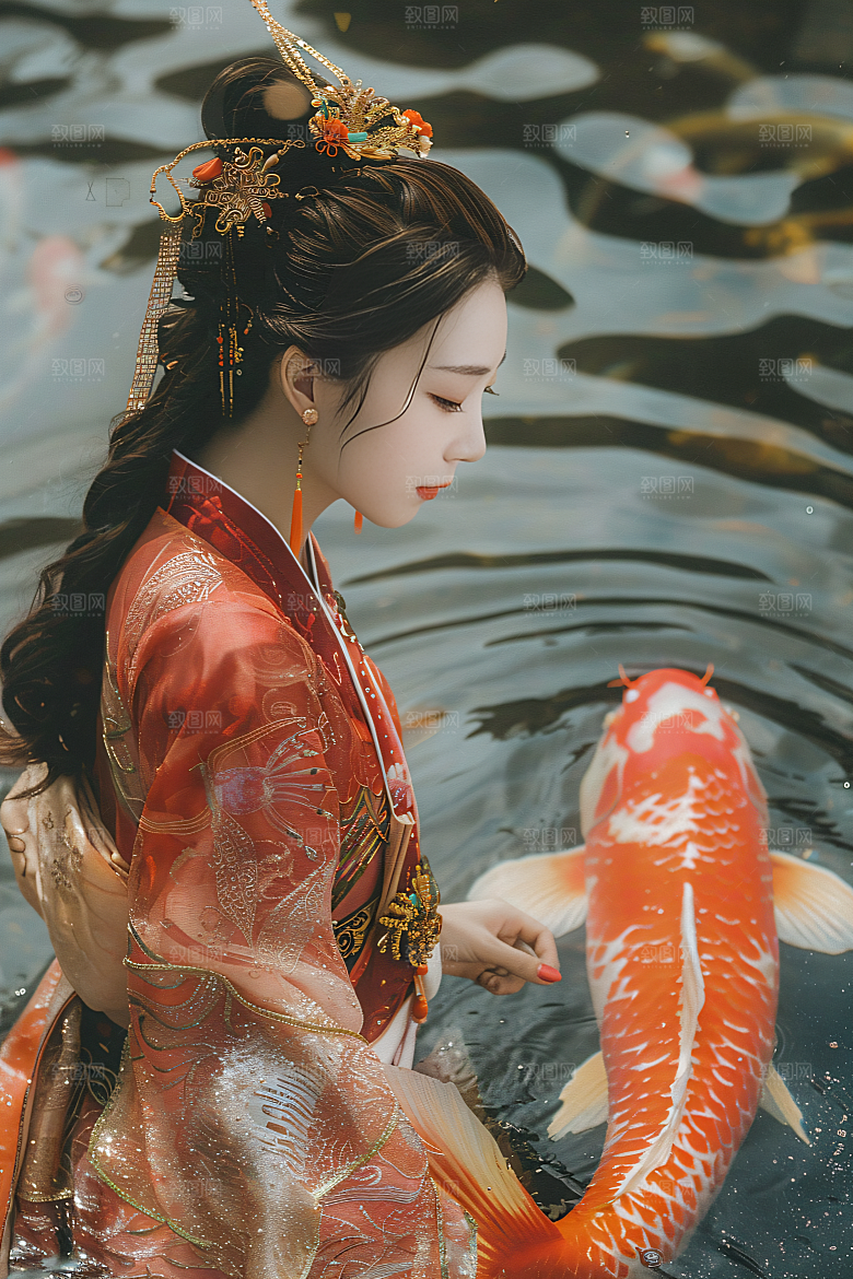 锦鲤汉服美女优雅唯美素材