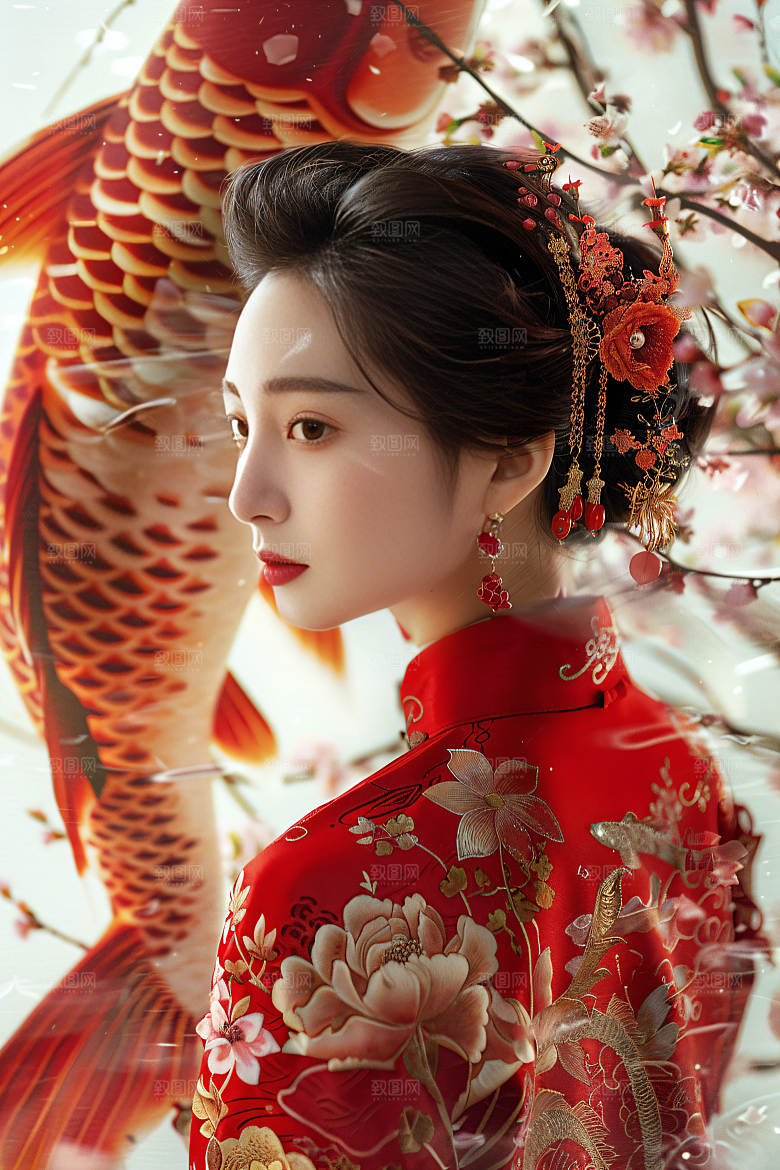 锦鲤汉服美女精致中国风素材