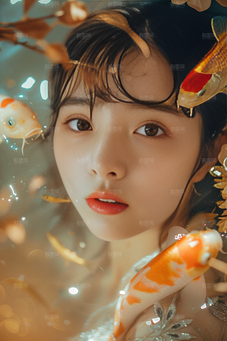 锦鲤汉服美女唯美古风素材