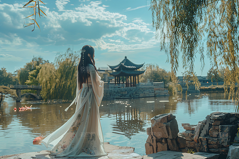 锦鲤汉服美女人像中国风素材