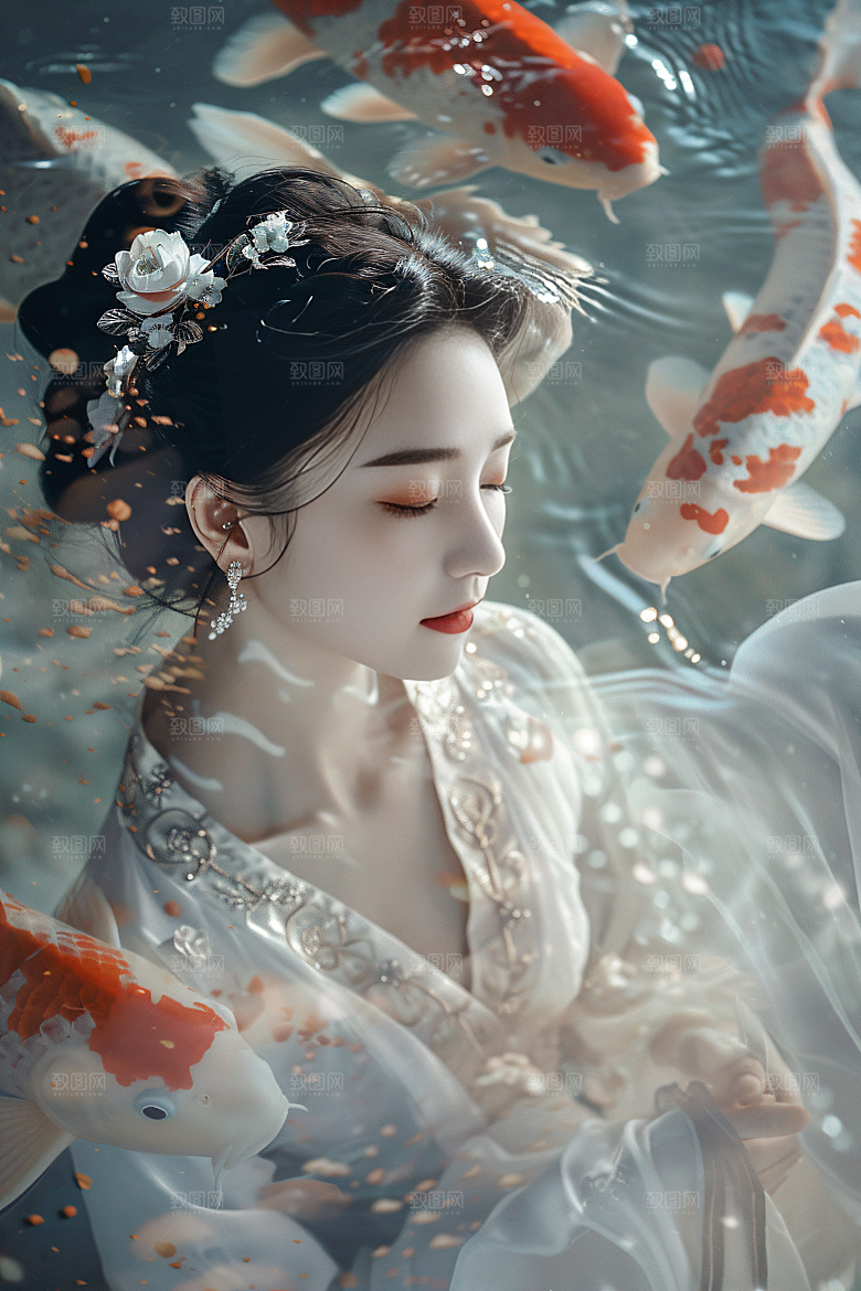锦鲤汉服美女精致吉祥素材